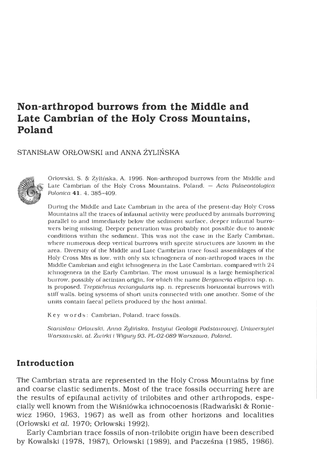 Non-Arthropod Burrows from the Middle and Late Cambrian of the Holy Cross Mountains, Poland