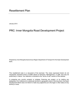 Inner Mongolia Road Development Project: Resettlement Plan (Upgrading Manzhouli−Alatanemole Section of S203)