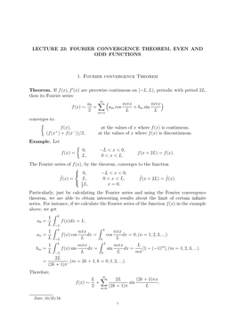 Lecture 23: Fourier Convergence Theorem, Even and Odd Functions