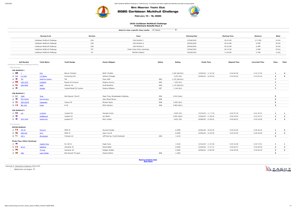 2020 Caribbean Multihull Challenge Preliminary Results Race 3