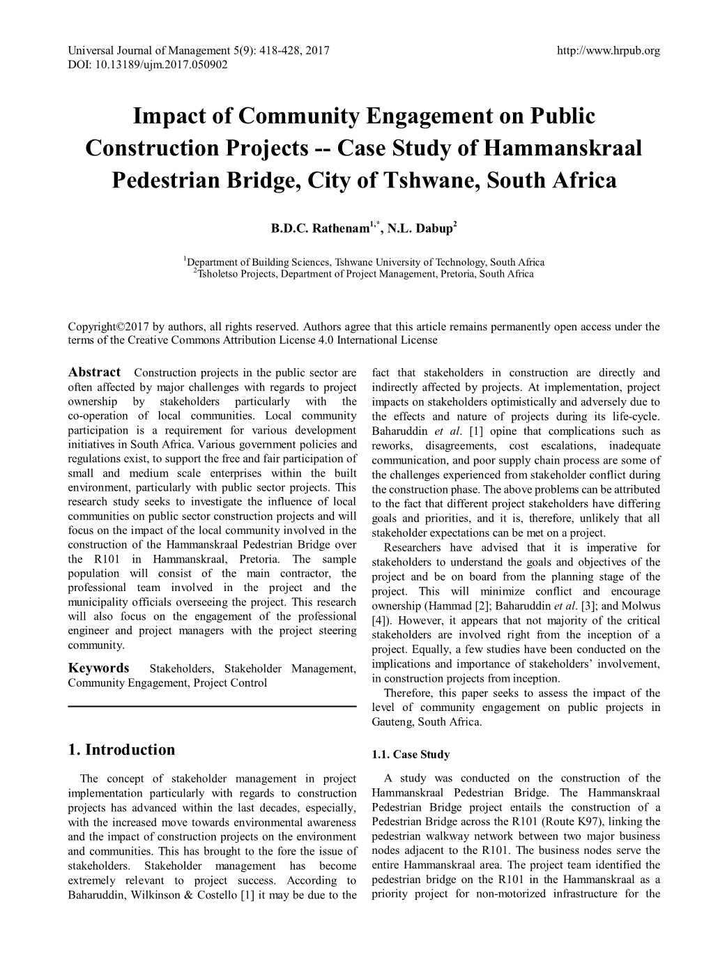 Impact of Community Engagement on Public Construction Projects -- Case Study of Hammanskraal Pedestrian Bridge, City of Tshwane, South Africa