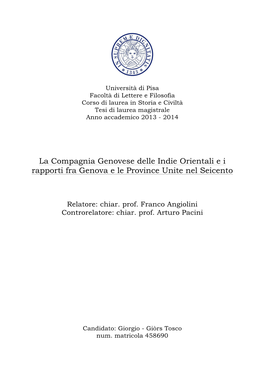 La Compagnia Genovese Delle Indie Orientali E I Rapporti Fra Genova E Le Province Unite Nel Seicento