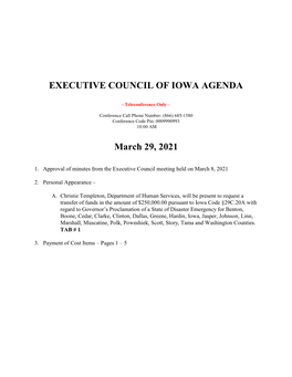 EXECUTIVE COUNCIL of IOWA AGENDA March 29, 2021