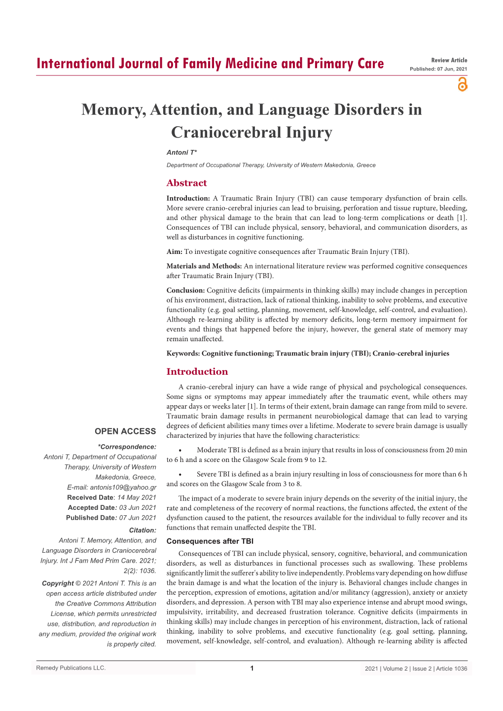 Memory, Attention, and Language Disorders in Craniocerebral Injury