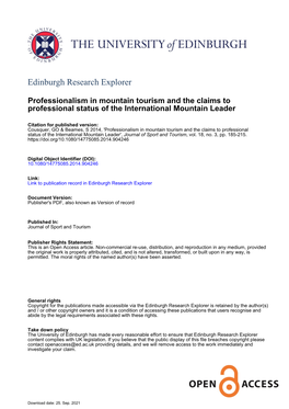 Professionalism in Mountain Tourism and the Claims to Professional Status of the International Mountain Leader