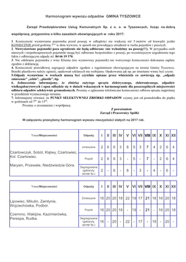 Harmonogram Wywozu Odpadów GMINA TYSZOWCE I II III IV V VI VII