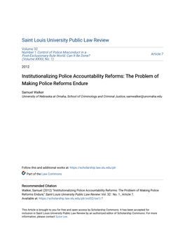 Institutionalizing Police Accountability Reforms: the Problem of Making Police Reforms Endure