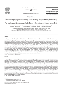 Molecular Phylogeny of Solitary Shell-Bearing Polycystinea (Radiolaria) Phylogénie Moléculaire Des Radiolaires Polycystines Solitaires À Squelette