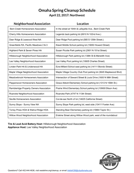 Omaha Spring Cleanup Schedule April 22, 2017: Northwest