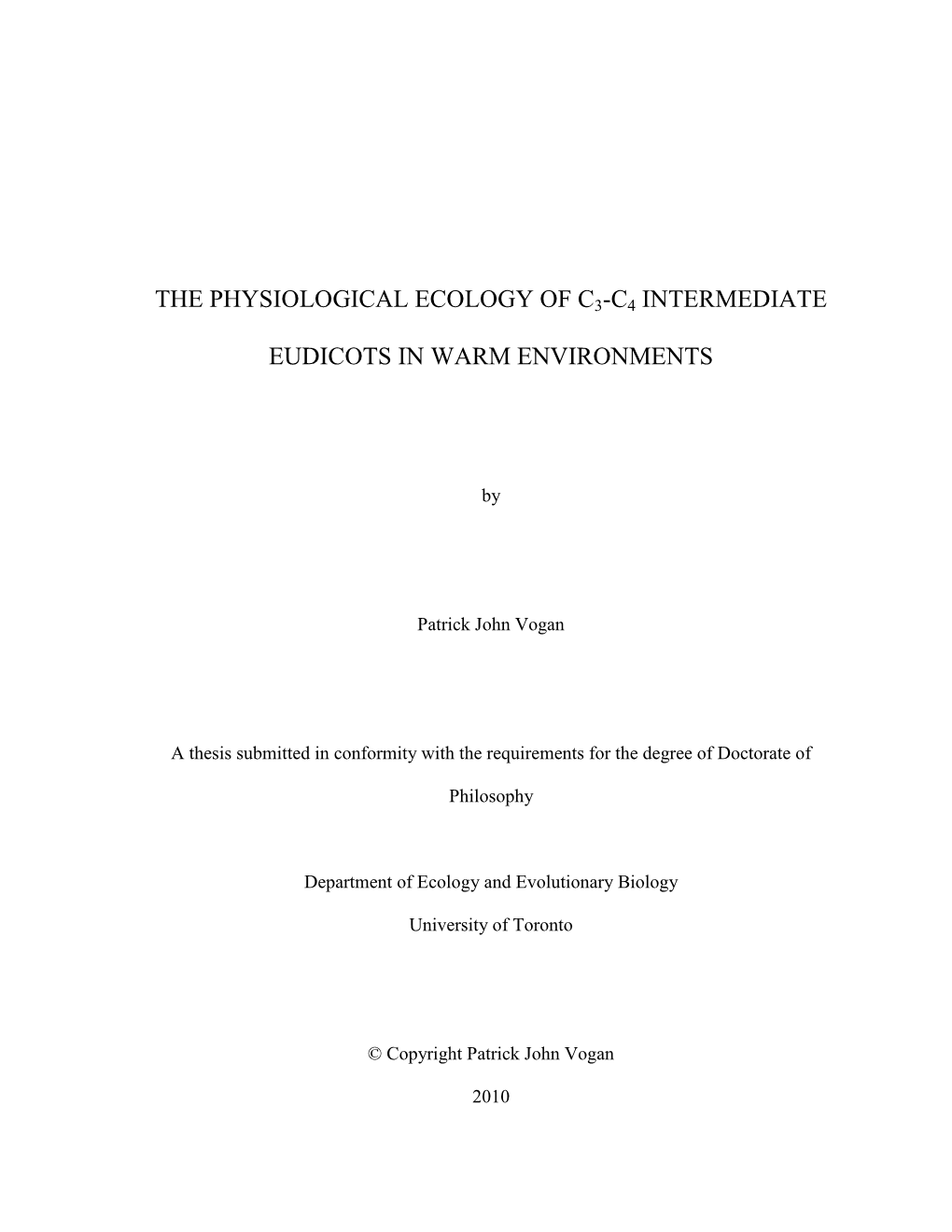 The Physiological Ecology of C3-C4 Intermediate Eudicots in Warm Environments