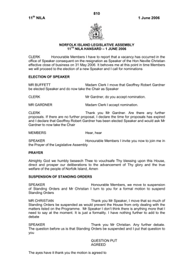 Norfolk Island Legislative Assembly 11Th Nila Hansard – 1 June 2006