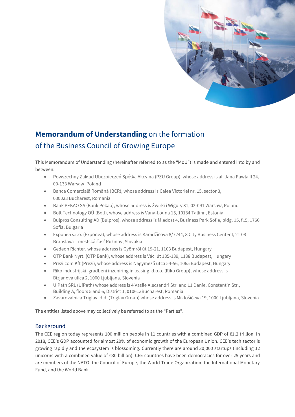 Memorandum of Understanding on the Formation of the Business Council of Growing Europe