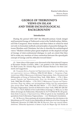 George of Trebizond's Views on Islam and Their Eschatological Backgrounds1
