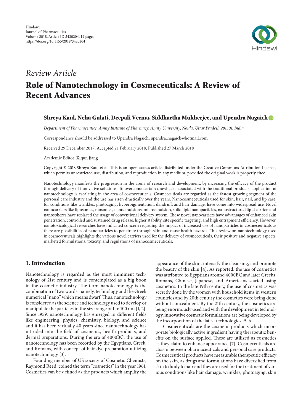 Review Article Role of Nanotechnology in Cosmeceuticals: a Review of Recent Advances