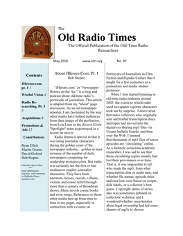 Old Radio Times the Official Publication of the Old-Time Radio Researchers May 2018 No