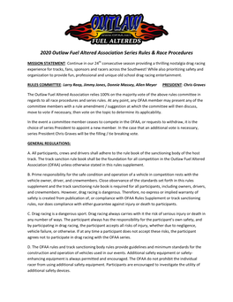 2020 Outlaw Fuel Altered Association Series Rules & Race Procedures
