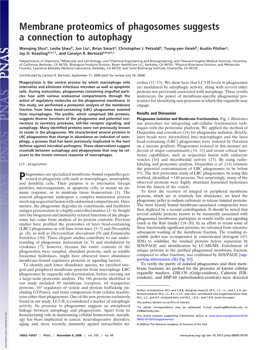 Membrane Proteomics of Phagosomes Suggests a Connection to Autophagy