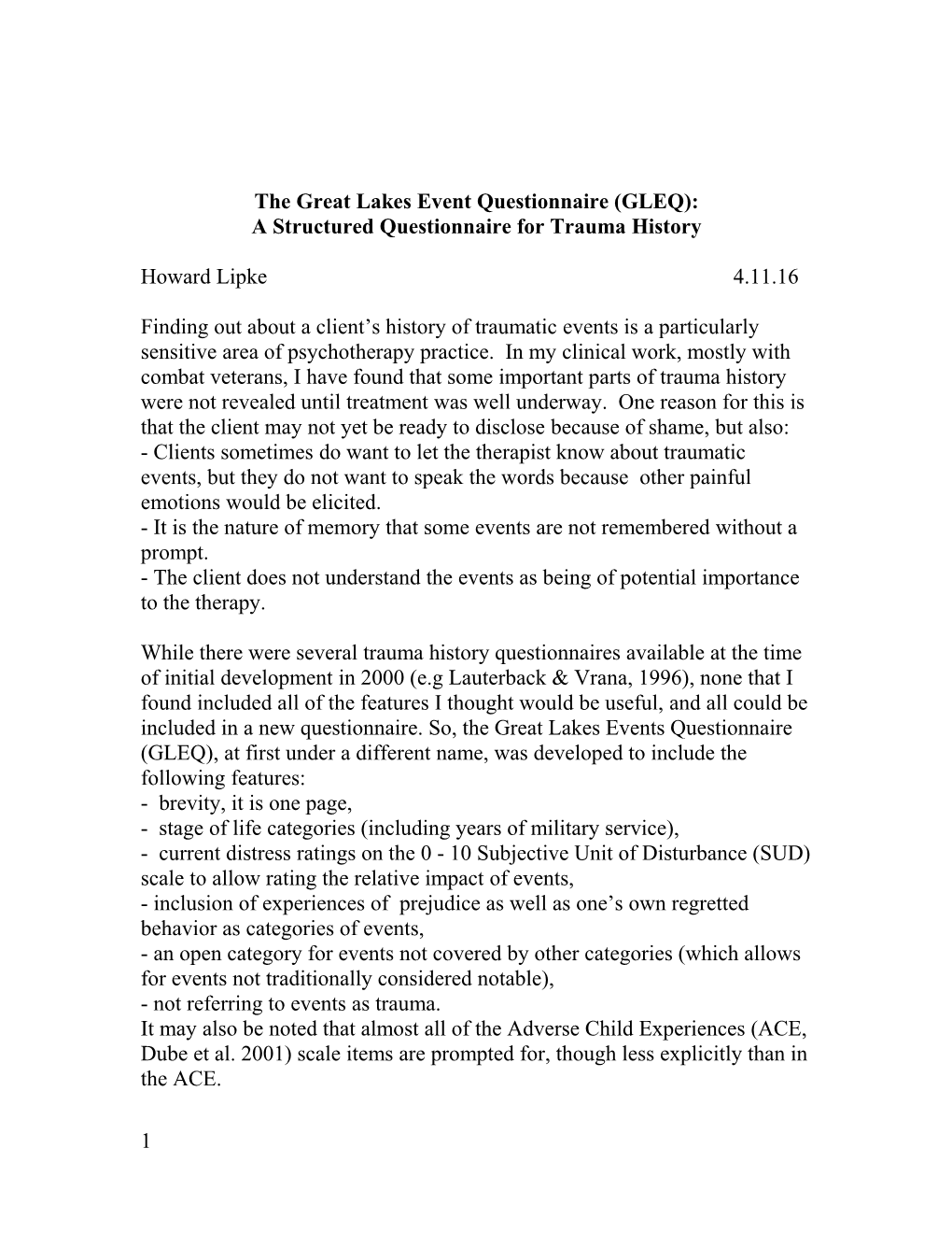 The Great Lakes Event Questionnaire (GLEQ)