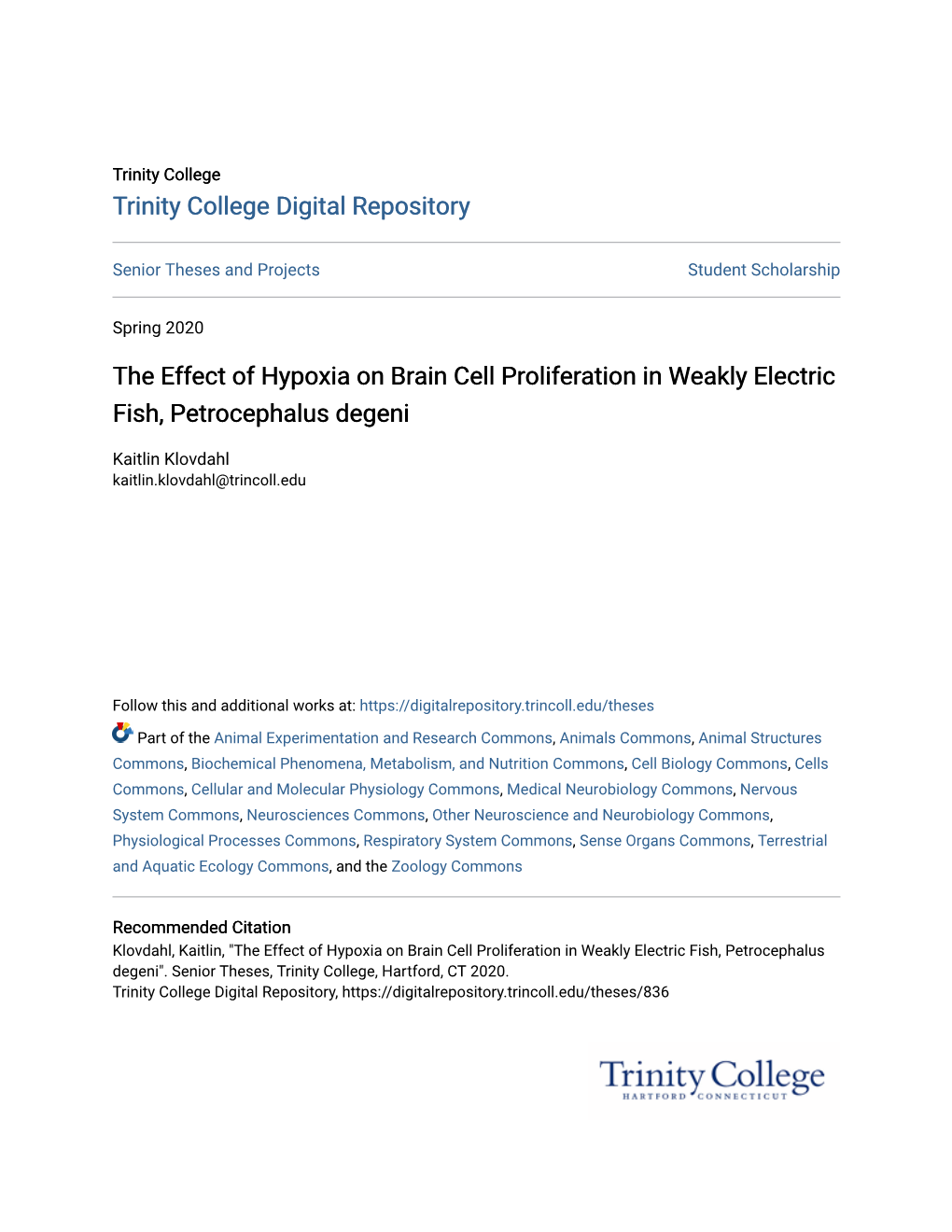 The Effect of Hypoxia on Brain Cell Proliferation in Weakly Electric Fish, Petrocephalus Degeni