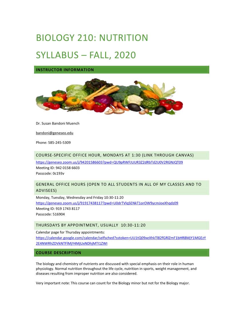 Biology 210: Nutrition Syllabus – Fall, 2020