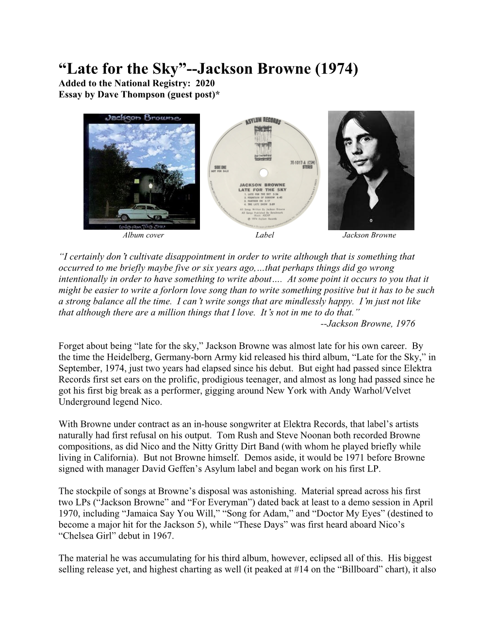 Late for the Sky”--Jackson Browne (1974) Added to the National Registry: 2020 Essay by Dave Thompson (Guest Post)*