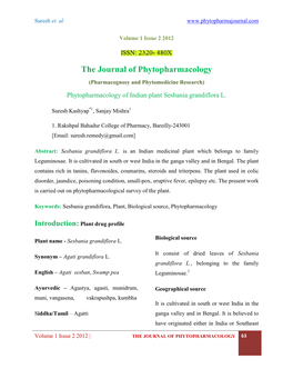 The Journal of Phytopharmacology (Pharmacognosy and Phytomedicine Research) Phytopharmacology of Indian Plant Sesbania Grandiflora L