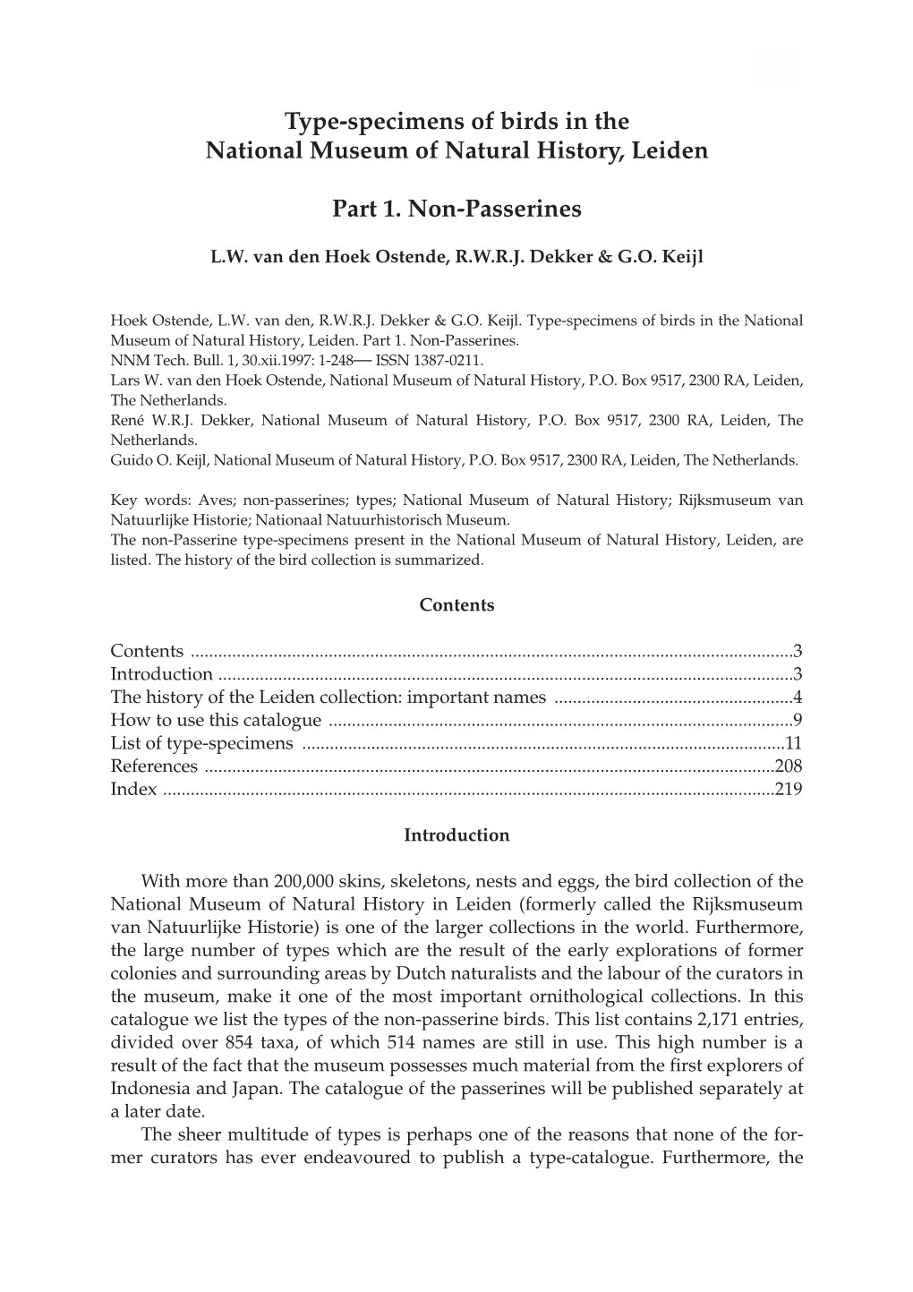 Type-Specimens of Birds in the National Museum of Natural History, Leiden