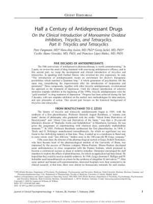 Half a Century of Antidepressant Drugs on the Clinical Introduction of Monoamine Oxidase Inhibitors, Tricyclics, and Tetracyclics