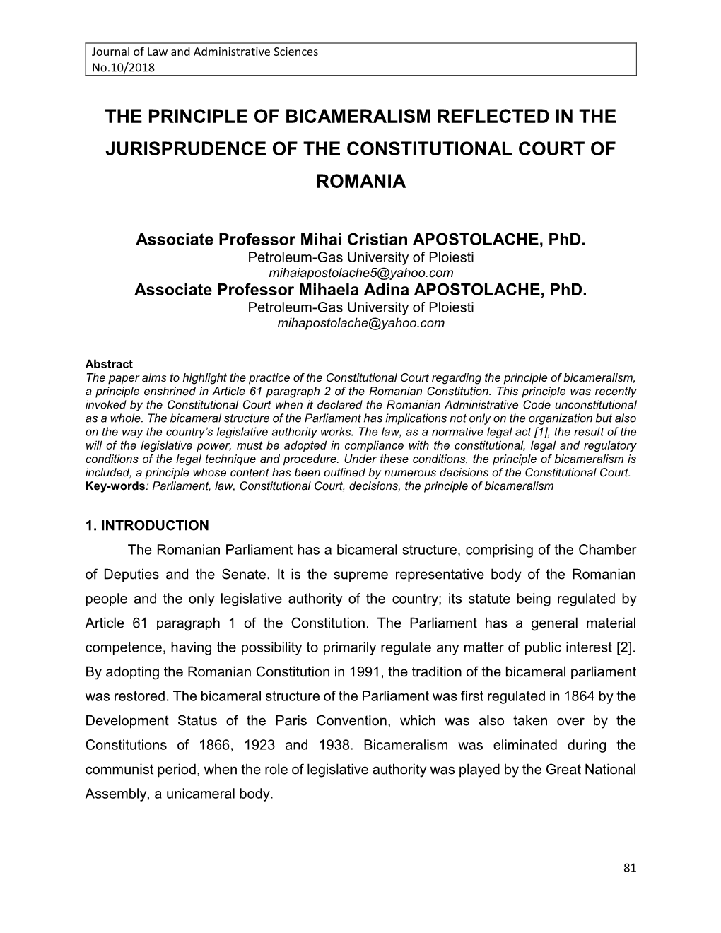 The Principle of Bicameralism Reflected in the Jurisprudence of the Constitutional Court of Romania