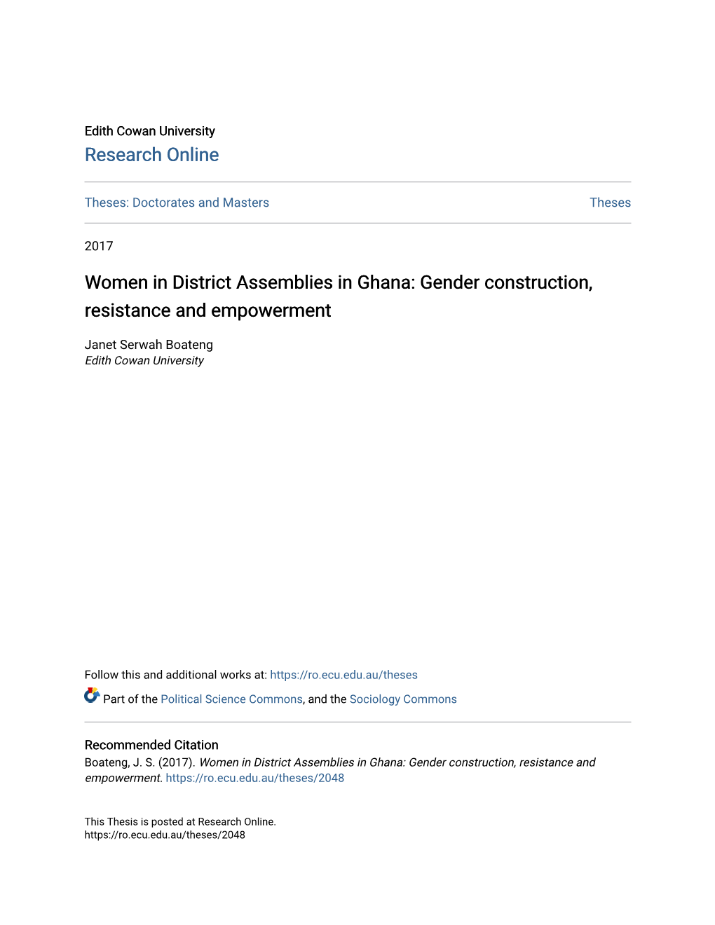 Women in District Assemblies in Ghana: Gender Construction, Resistance and Empowerment