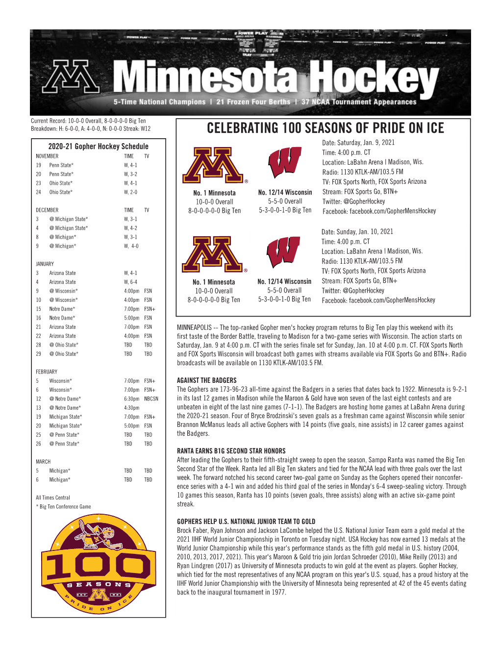 CELEBRATING 100 SEASONS of PRIDE on ICE 2020-21 Gopher Hockey Schedule Date: Saturday, Jan