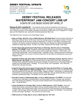 Derby Festival Releases Waterfront Jam Concert Line-Up 9 Days of Live Music Kicks Off April 27