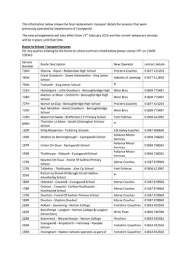 The Information Below Shows the Final Replacement Transport Details for Services That Were Previously Operated by Stephensons of Easingwold