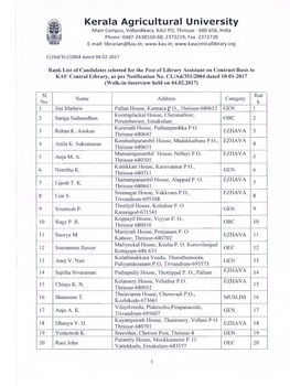 Rank List of Candidates Selected for the Post of Library Assistant on Contract Basis to KAU Central Library, As Per Notification No