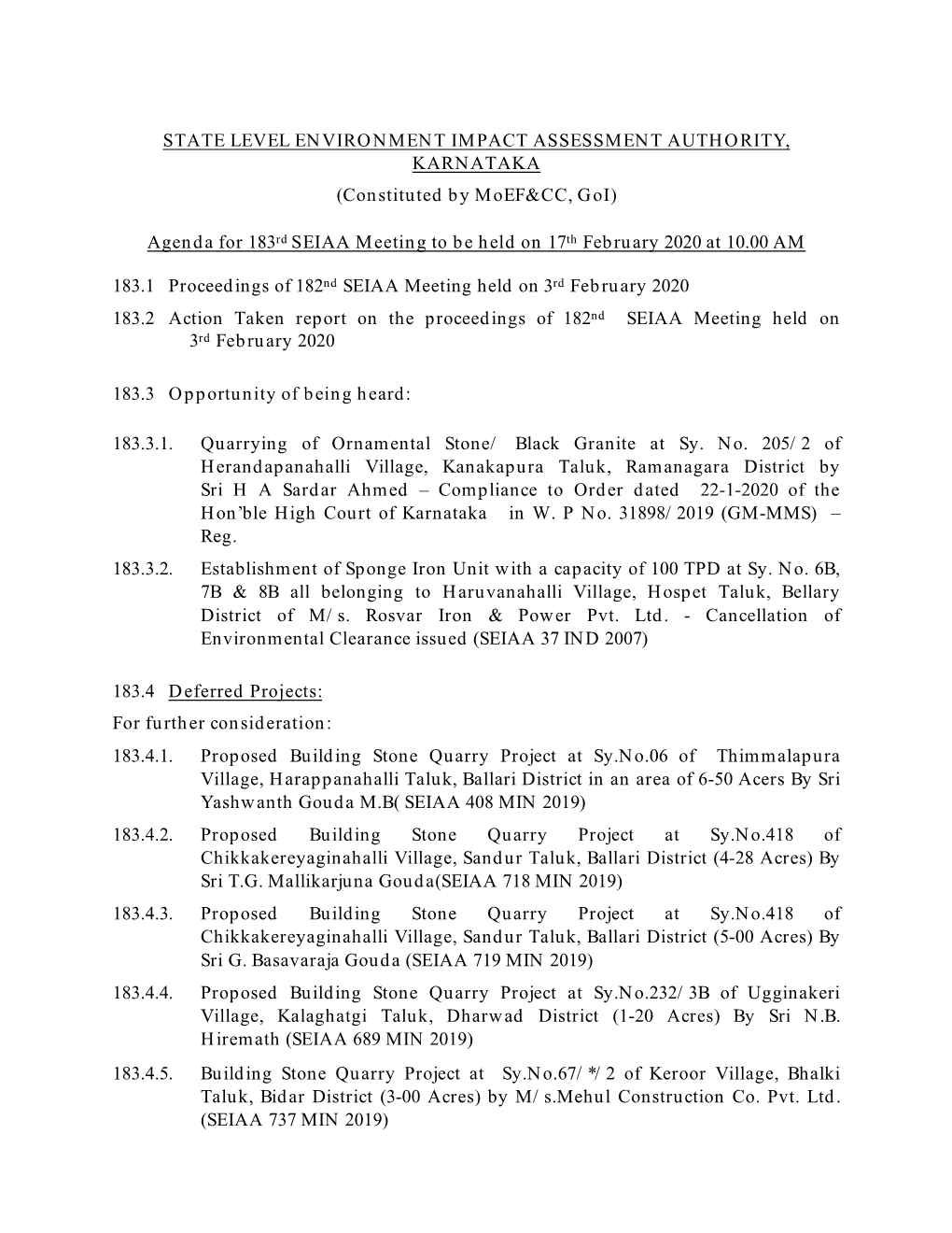 Agenda for 183Rd SEIAA Meeting to Be Held on 17Th February 2020 at 10.00 AM