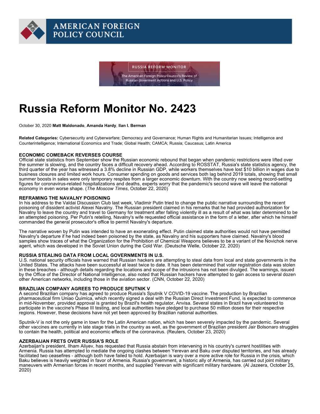 Russia Reform Monitor No. 2423 | American Foreign Policy Council