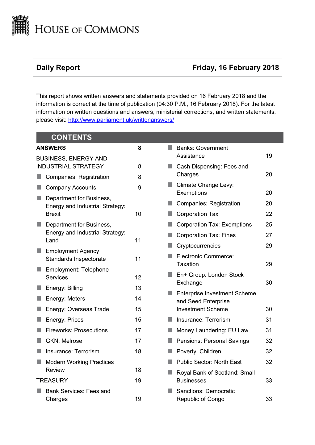 Daily Report Friday, 16 February 2018 CONTENTS
