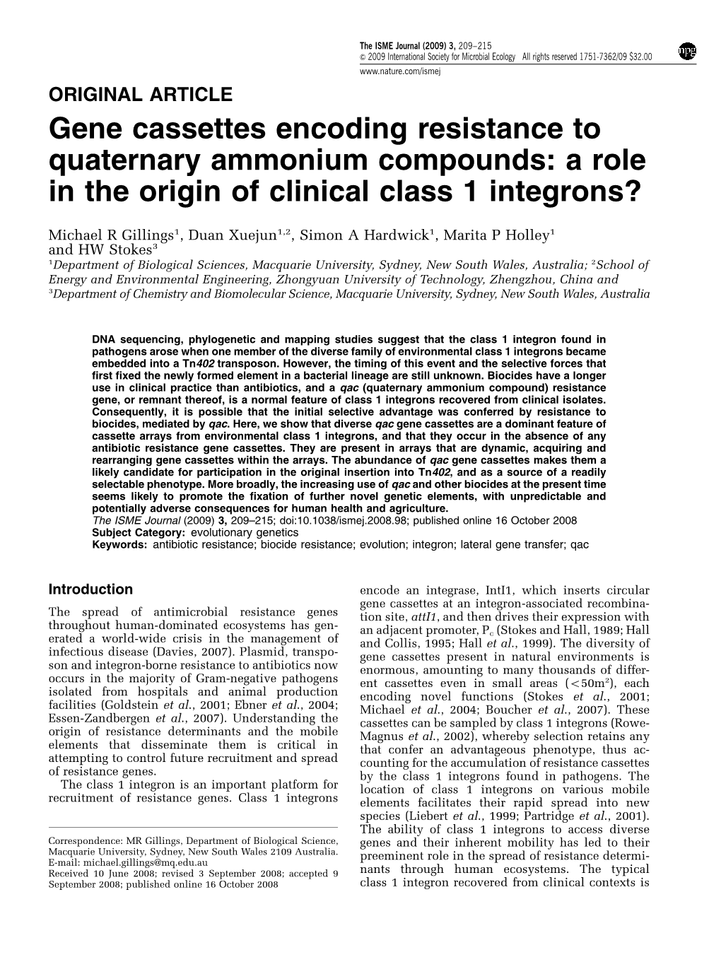 Gene Cassettes Encoding Resistance to Quaternary Ammonium Compounds: a Role in the Origin of Clinical Class 1 Integrons?