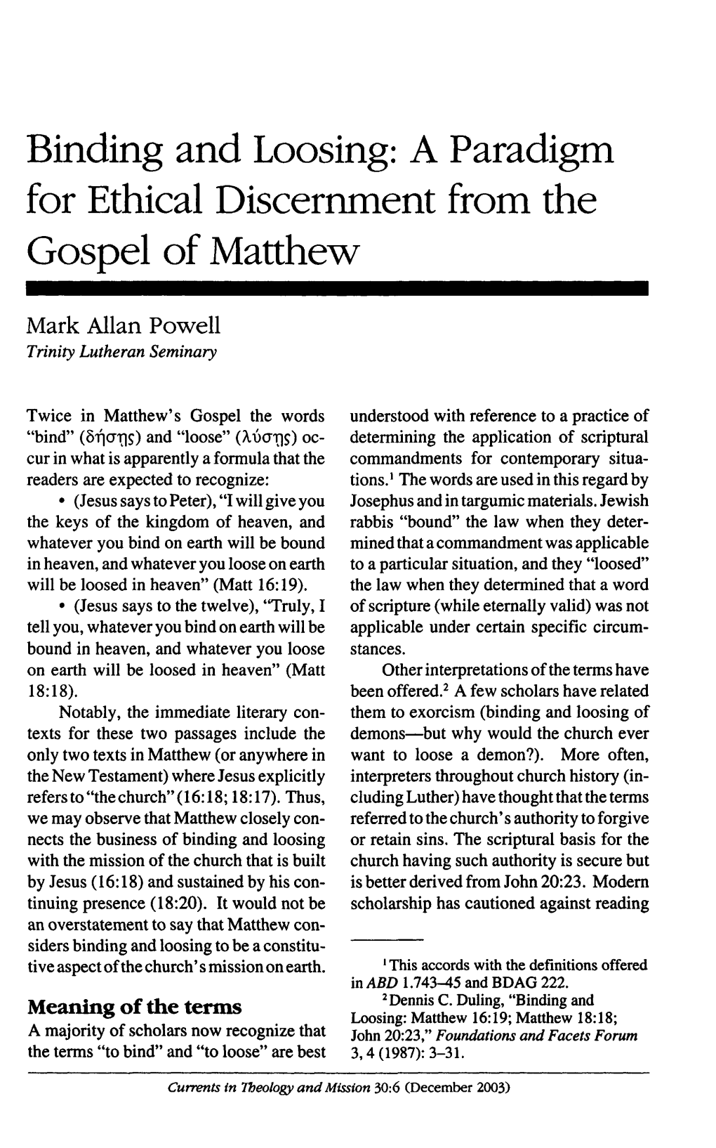 Binding and Loosing: a Paradigm for Ethical Discernment from the Gospel of Matthew