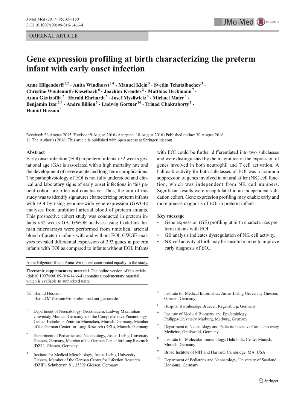 Gene Expression Profiling at Birth Characterizing the Preterm Infant with Early Onset Infection