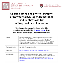 Species Limits and Phylogeography of Newportia (Scolopendromorpha) and Implications for Widespread Morphospecies