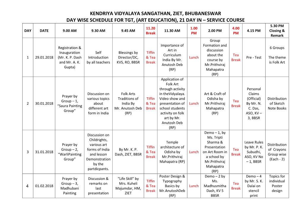 Kendriya Vidyalaya Sangathan, Ziet, Bhubaneswar Day Wise Schedule