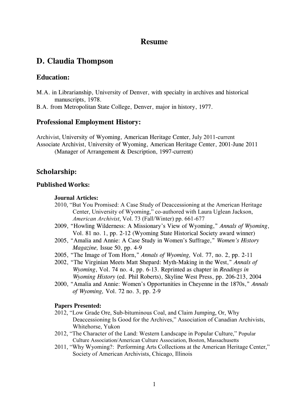 Resume D. Claudia Thompson