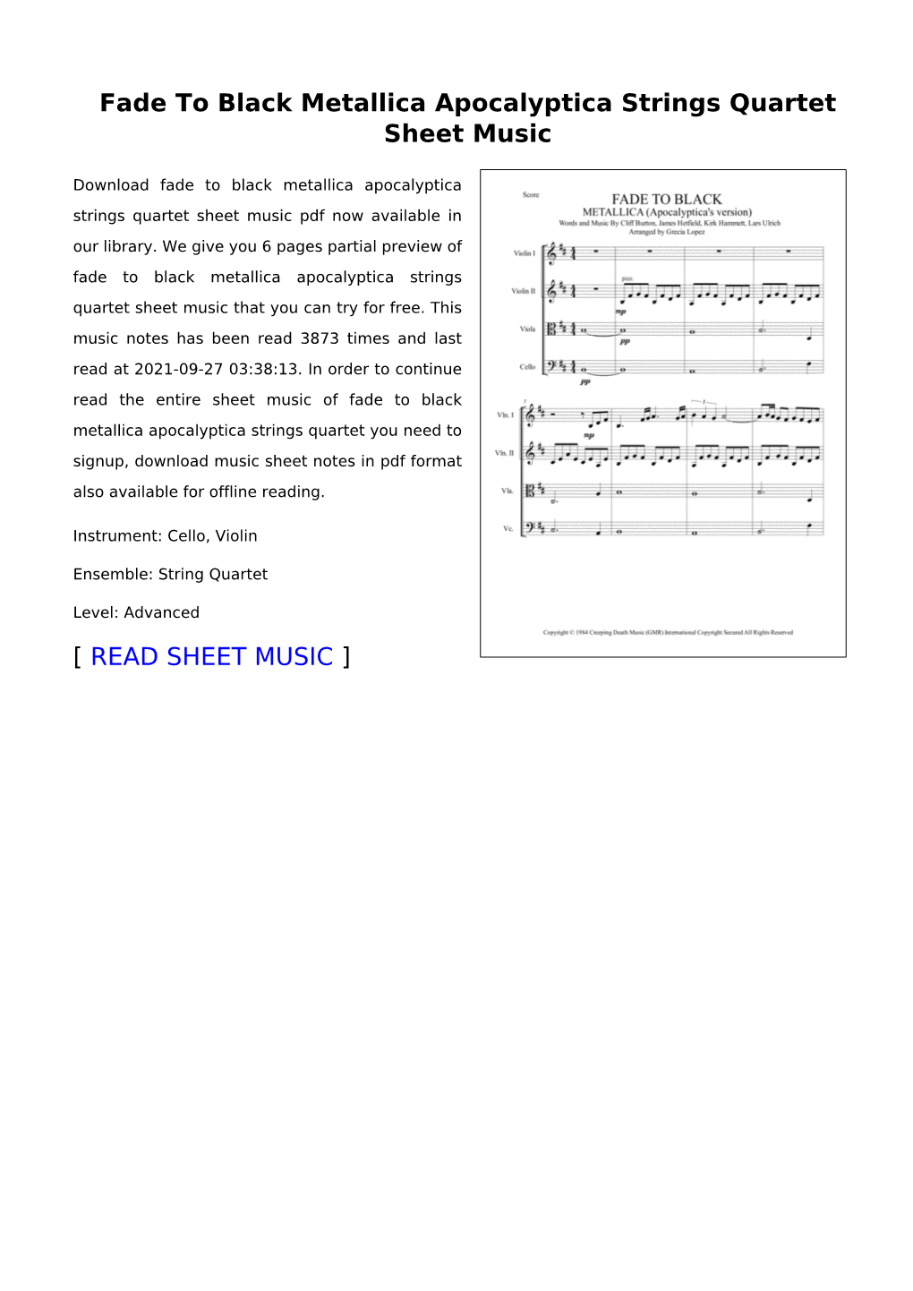 Sheet Music of Fade to Black Metallica Apocalyptica Strings Quartet You Need to Signup, Download Music Sheet Notes in Pdf Format Also Available for Offline Reading