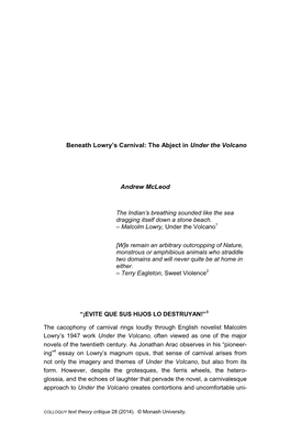 Beneath Lowry's Carnival: the Abject in Under the Volcano Andrew