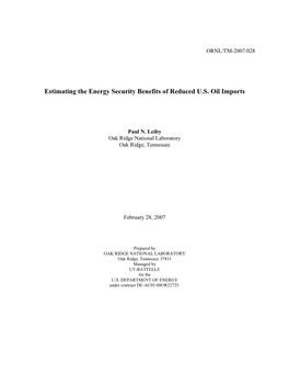 Estimating the Energy Security Benefits of Reduced U.S. Oil Imports