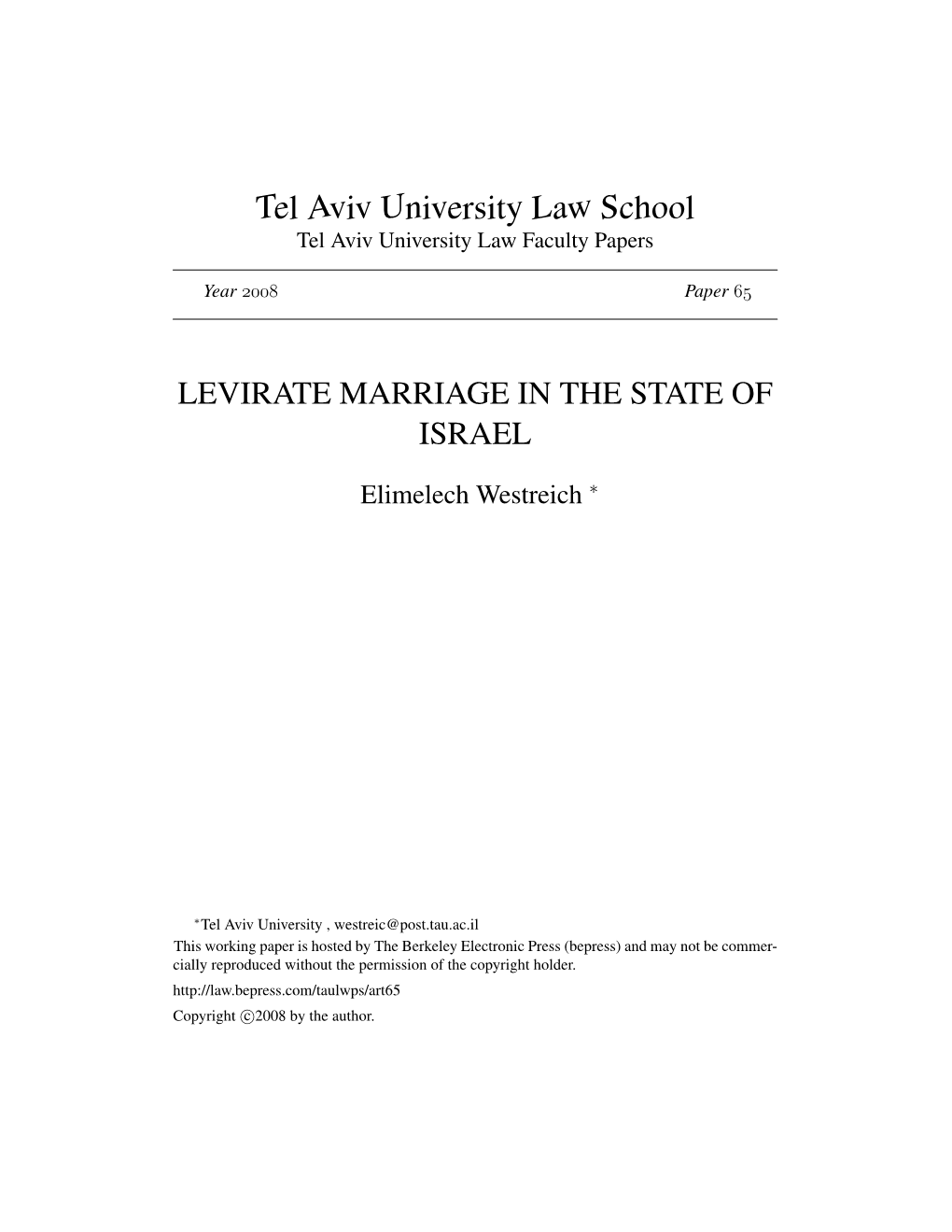 Levirate Marriage in the State of Israel