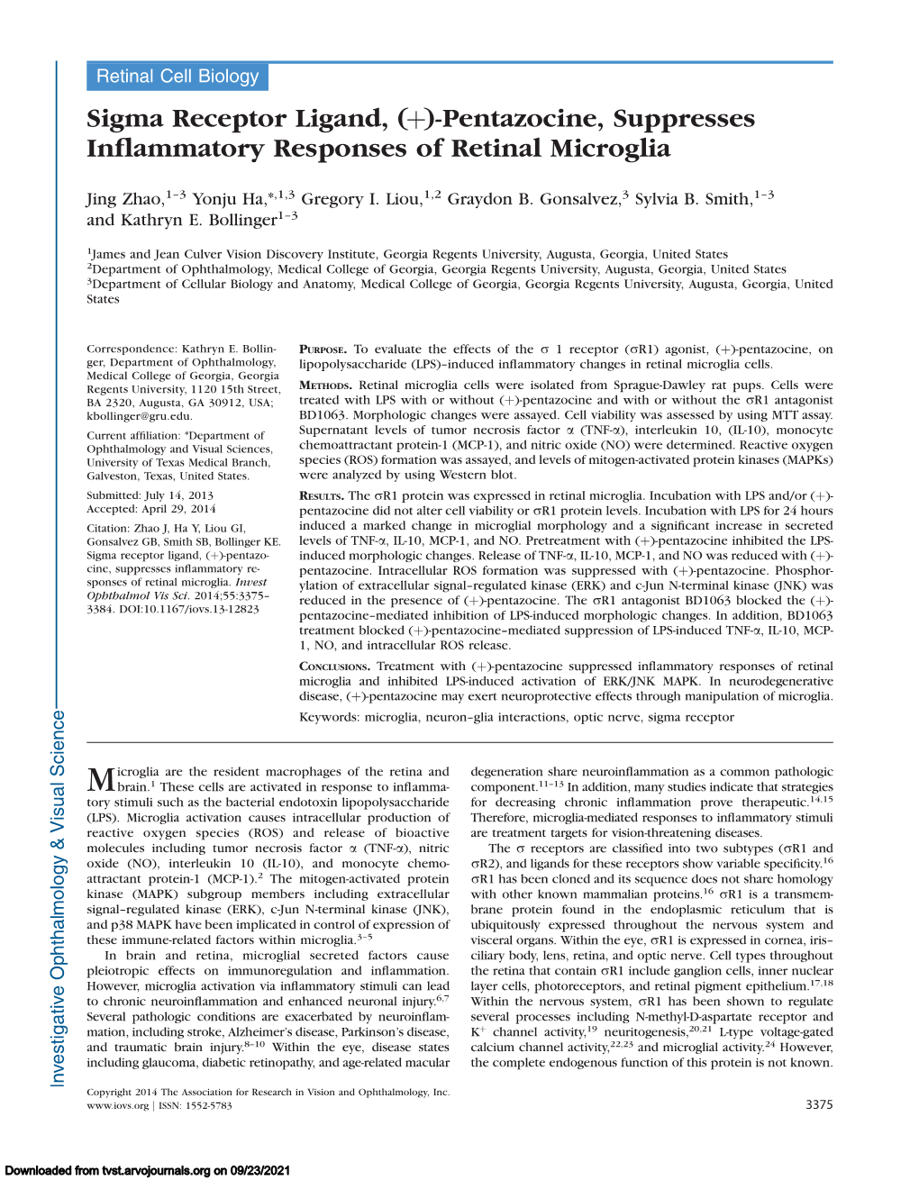 Sigma Receptor Ligand, (Þ)-Pentazocine, Suppresses Inﬂammatory Responses of Retinal Microglia