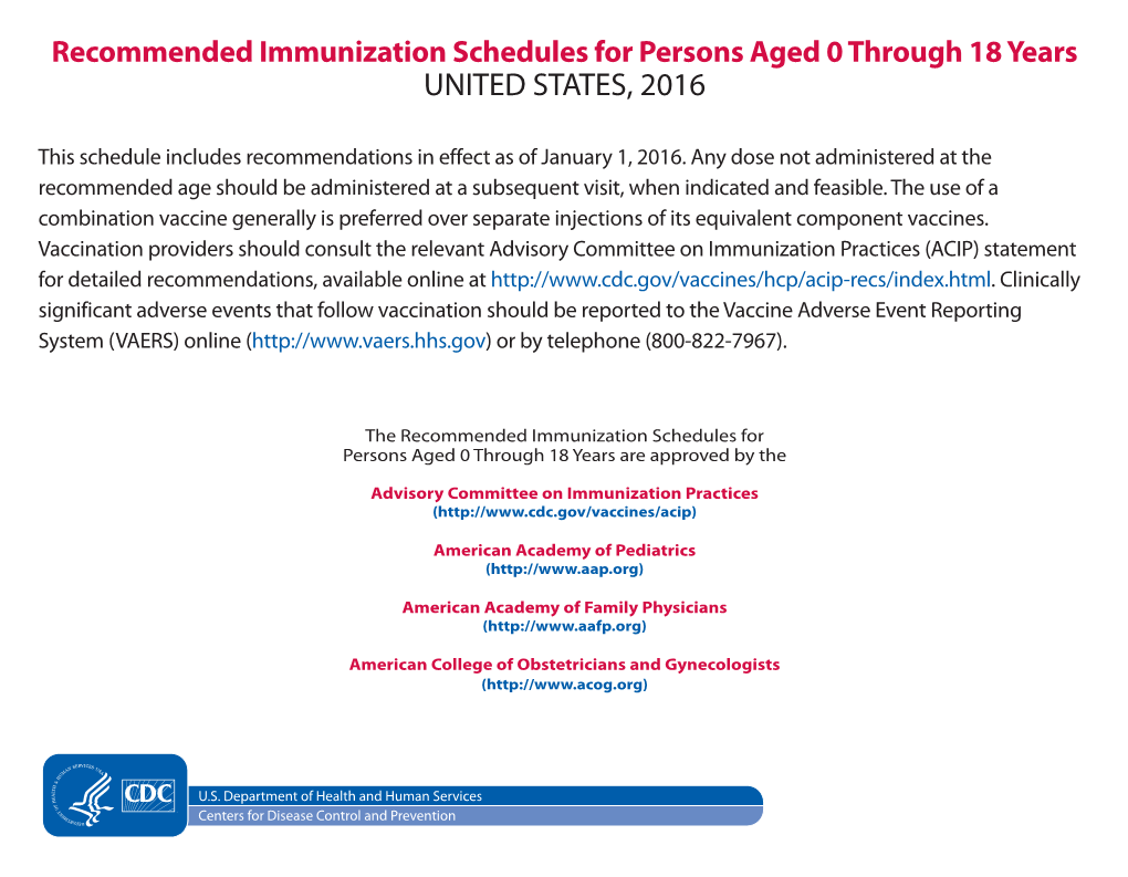 2016 Combined Recommended Immunization Schedule for Persons Aged 0 Through 18 Years