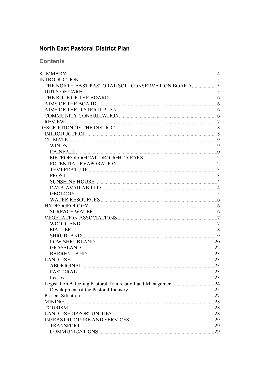 North East Pastoral District Plan Contents